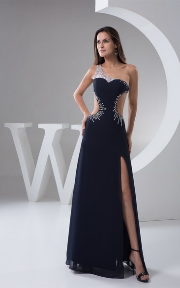 One-Shoulder Sheath Beaded Front Slit and Dress With Keyhole