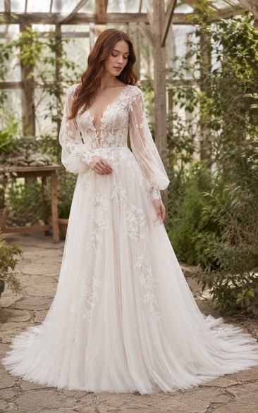 Wedding A-Line Lace Dress with Long Poet Sleeves and Chapel Train
