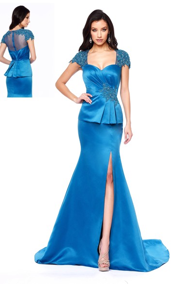Trumpet Cap-Sleeve Satin Illusion Dress With Peplum And Split Front