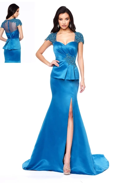 Trumpet Cap-Sleeve Satin Illusion Dress With Peplum And Split Front