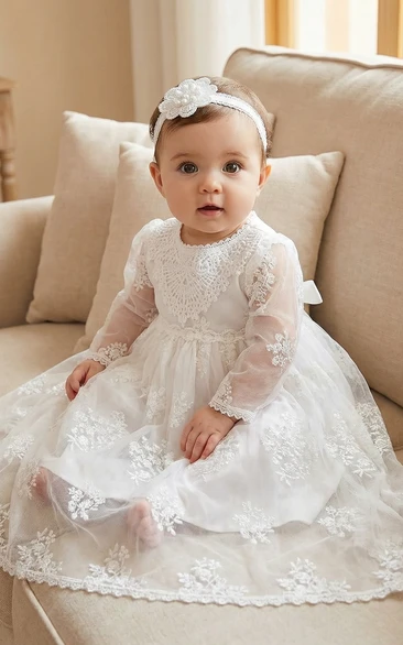 Christening White Baby Flower Girl Dress Long Sleeve Lace Tulle Gown with Headband