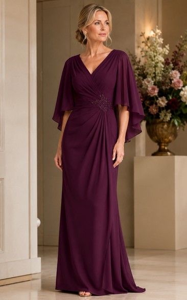 Sheath V-Neck Half Sleeve Chiffon Mother Dress with Cape