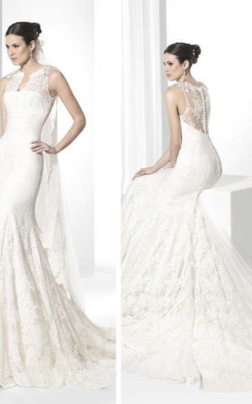 Trumpet Appliqued Sleeveless Jewel-Neck Floor-Length Lace Wedding Dress