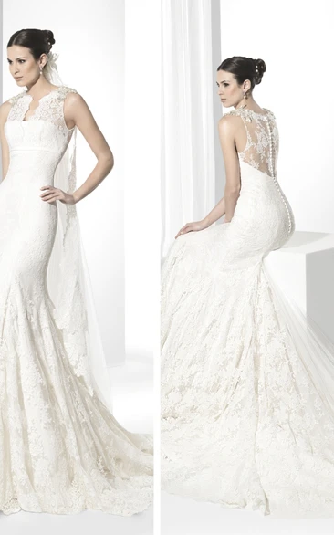Trumpet Appliqued Sleeveless Jewel-Neck Floor-Length Lace Wedding Dress
