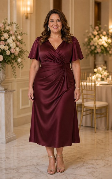 Plus Size Burgundy Satin V-neck Tea-Length Dress