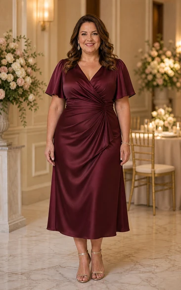 Plus Size Burgundy Satin V-neck Tea-Length Dress