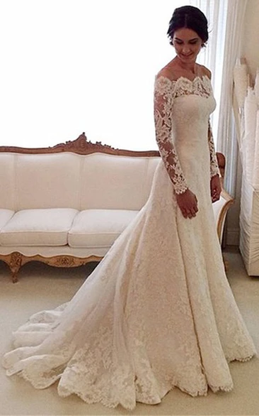 Off-shoulder All Lace A-line Gown With Long Sleeves