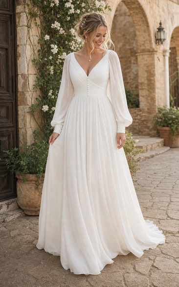 Chiffon Puffy Long Sleeve Plus Size Empire Church Wedding Dress