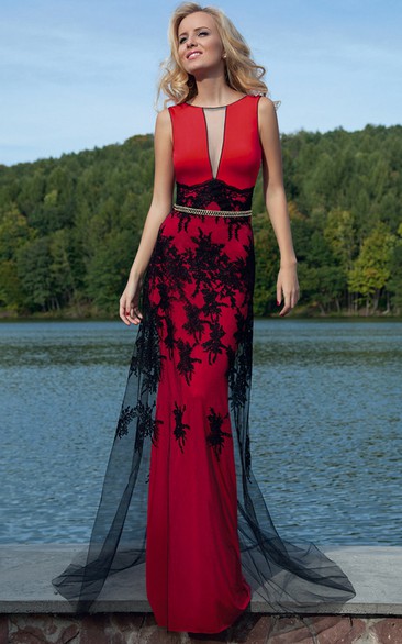 Pencil Scoop Long Appliqued Sleeveless Prom Dress With Brush Train