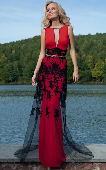 Pencil Scoop Long Appliqued Sleeveless Prom Dress With Brush Train