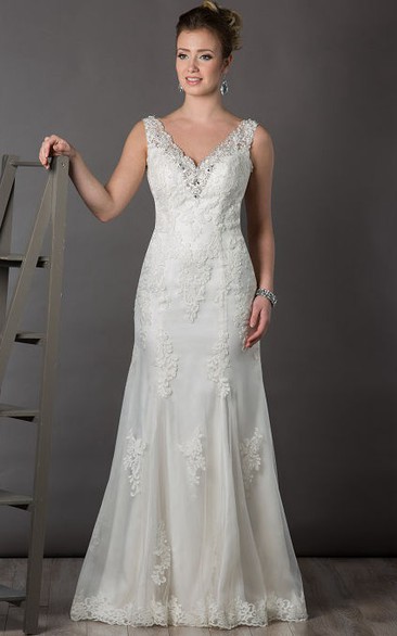 Crystal V Neck Sheath Tulle Bridal Gown With Lace And Open Back