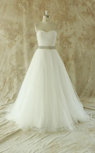 Sweetheart A-Line Strapless Tulle Gown With Beading Sash