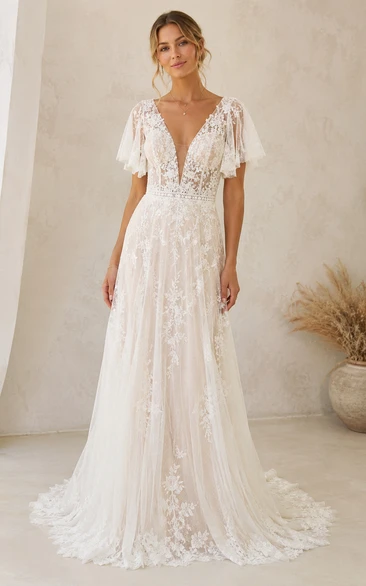 Boho A-Line Wedding Dress Short Sleeve V-Neck Tulle Lace Applique Floor Length Chapel Train Ivory
