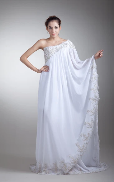 Chiffon Floor-Length One-Shoulder Pleats and Dress With Lace