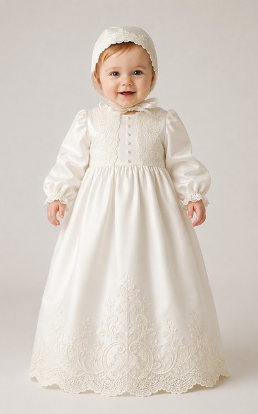 Baby Christening Gown Vintage Modest A-Line Long Sleeve Cotton Lace Floor-Length with Bonnet in Ivory