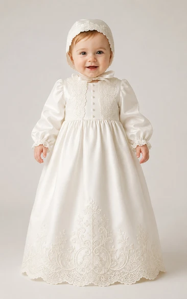 Baby Christening Gown Vintage Modest A-Line Long Sleeve Cotton Lace Floor-Length with Bonnet in Ivory