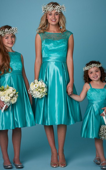 A-Line Tea-Length Bateau Neck Appliqued Sleeveless Satin Bridesmaid Dress