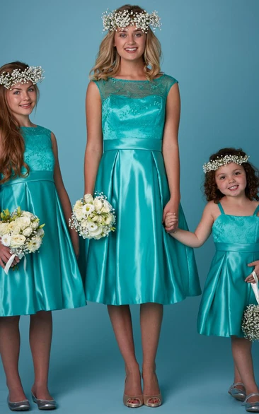 A-Line Tea-Length Bateau Neck Appliqued Sleeveless Satin Bridesmaid Dress