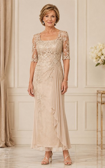 Champagne Cascading Drape Mother Dress Champagne Square Sheath Ankle-length