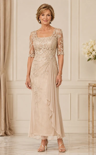 Champagne Cascading Drape Mother Dress Champagne Square Sheath Ankle-length
