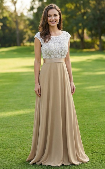 Bateau Neck Lace & Jersey Floor-Length Gown