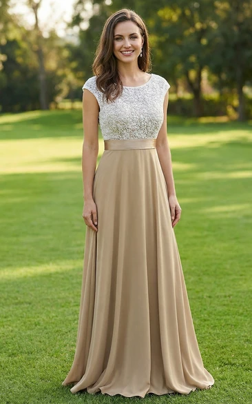 Bateau Neck Lace & Jersey Floor-Length Gown