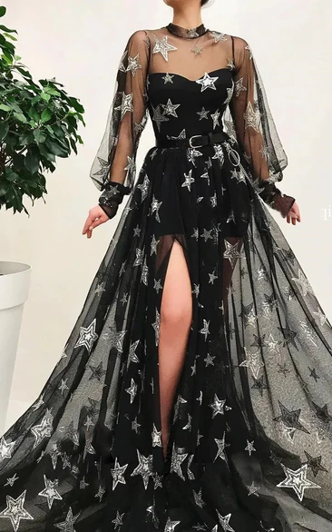 Black Front Split Jewel-neck Illusion Puff-long-sleeve Prom Evening Dress