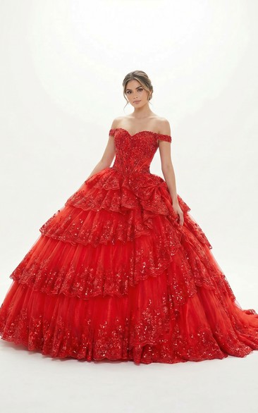 Red Quinceanera Ball Gown Off Shoulder Beaded Tiered Lace Ruffle Dress