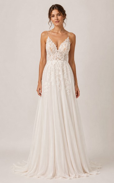 Romantic A-Line Lace Wedding Dress with Spaghetti Straps and Applique Train
