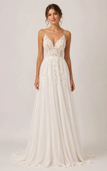 Romantic A-Line Lace Wedding Dress with Spaghetti Straps and Applique Train