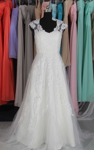 Cap Sleeve Lace A-Line V-Neck Dress With Illusion Back