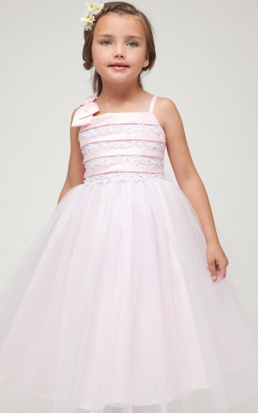 Split Tea-Length Bowed Split-Front Tulle&Satin Flower Girl Dress With Embroidery