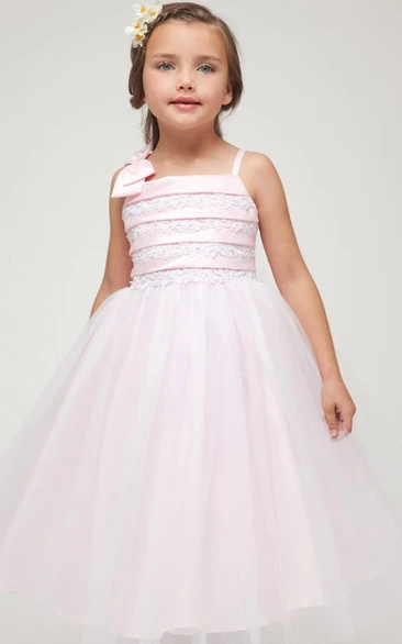 Split Tea-Length Bowed Split-Front Tulle&Satin Flower Girl Dress With Embroidery