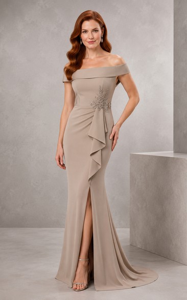 Taupe Off-the-Shoulder Sheath Evening Dress with Side Ruffle Drape and Front Split