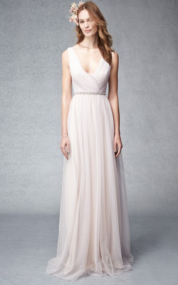 V-Neck Sleeveless Criss-Cross Tulle Bridesmaid Dress