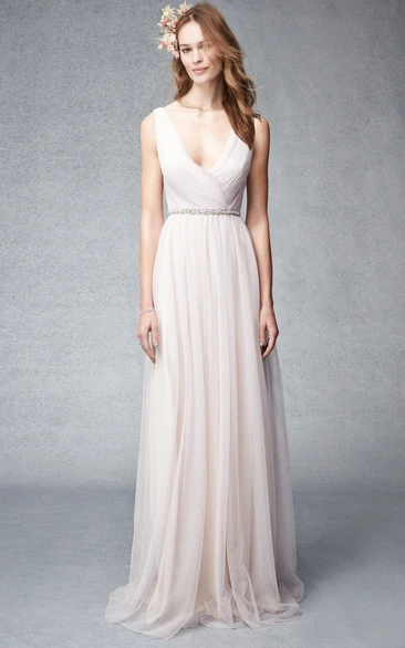 V-Neck Sleeveless Criss-Cross Tulle Bridesmaid Dress