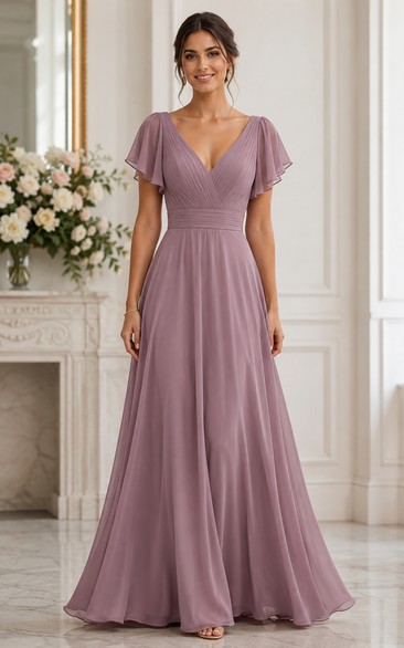 Vintage Mauve V-neck Short Sleeve A-Line Chiffon Bridesmaid Dress