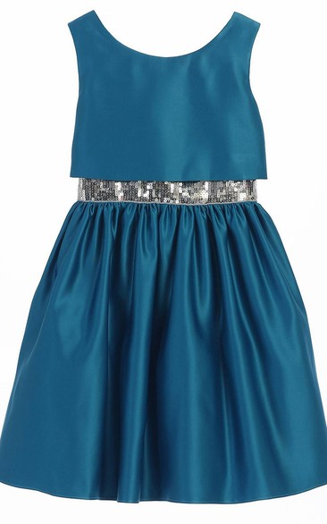 Tea-Length Sleeveless Sequins&Satin Flower Girl Dress