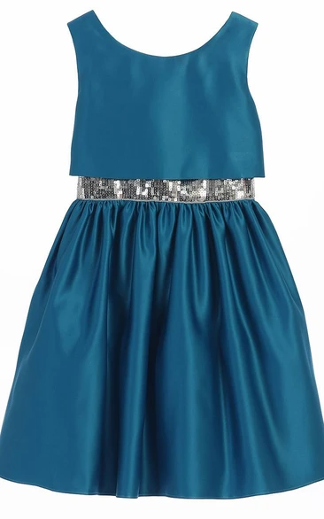 Tea-Length Sleeveless Sequins&Satin Flower Girl Dress
