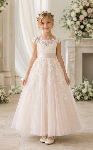 A-Line Cap Sleeve Lace Tulle Flower Girl Dress with Satin Sash