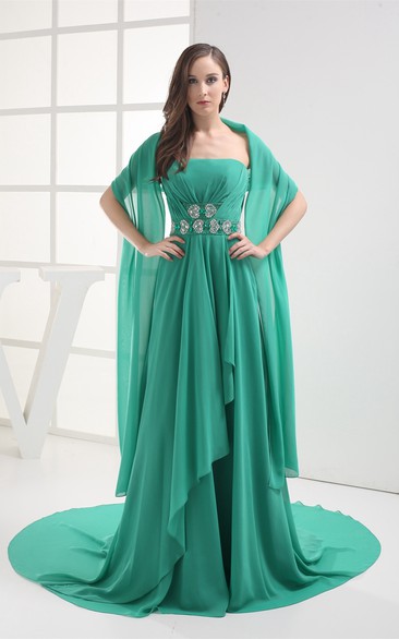 Side Draping Sleeveless Ruched Gown With Jeweled Sash Detachable Cap Sleeve