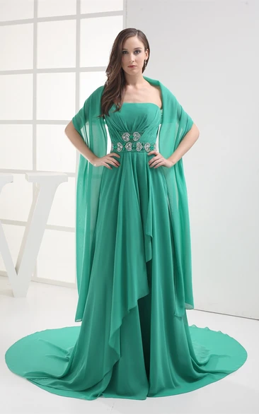 Side Draping Sleeveless Ruched Gown With Jeweled Sash Detachable Cap Sleeve