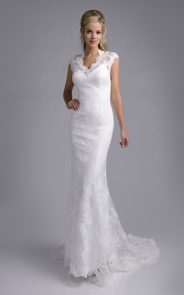 Cap Sleeve Sheath Lace Wedding Dress With Scalloped-Edge Neckline And Keyhole Back
