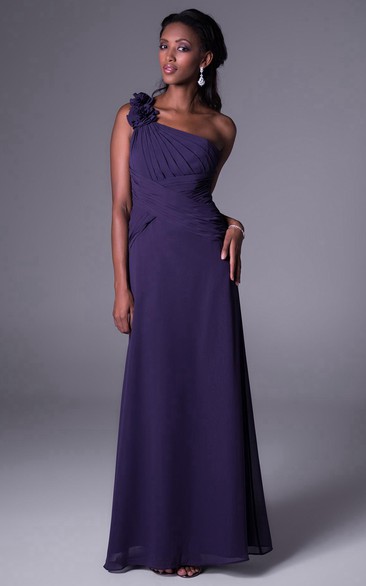 Floral One-Shoulder Sleeveless Chiffon Bridesmaid Dress With Ruching