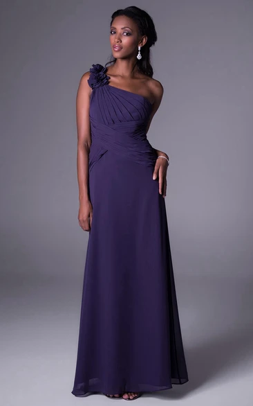 Floral One-Shoulder Sleeveless Chiffon Bridesmaid Dress With Ruching
