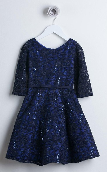 Tiered Bowed Lace&Sequins Flower Girl Dress With Sash