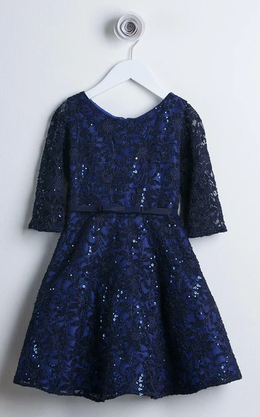 Tiered Bowed Lace&Sequins Flower Girl Dress With Sash