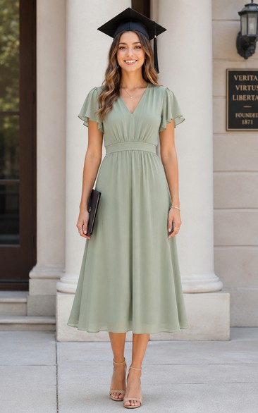A-Line Tea-Length V-Neck Short Sleeve Chiffon Wedding Guest Dress with Pleats
