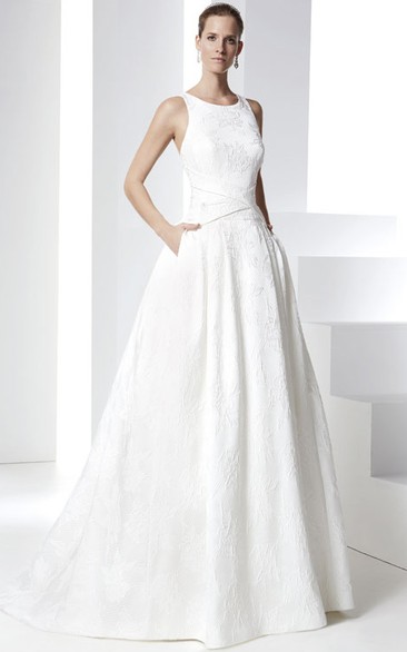 Long Scoop Lace Wedding Dress With Sweep Train And Straps