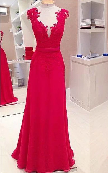 Sexy Red Deep V-Neck Prom Dresses Sleeveless Chiffon Evening Dresses With Bowknot